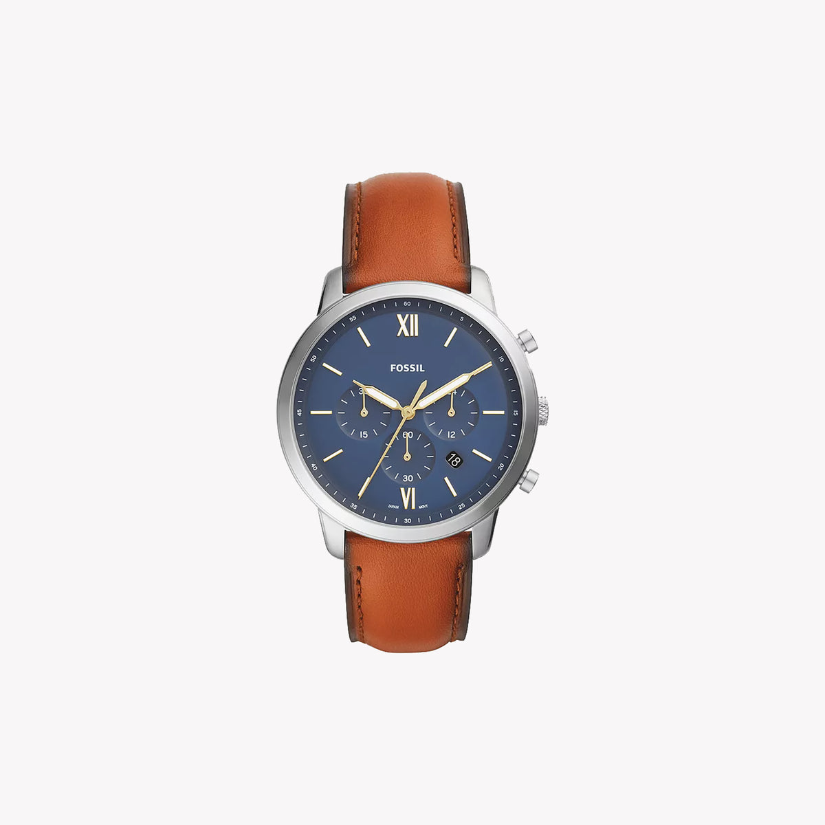 FOSSIL FS5453 CLASSIC ELEGANCE - STAINLESS STEEL MEN'S WATCH WITH BLUE DIAL & BROWN LEATHER STRAP