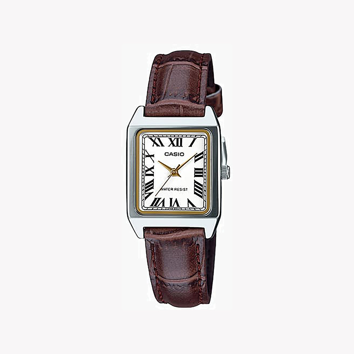 CASIO Women's Watch with Silver Chrome Plated Case and Brown Leather Band