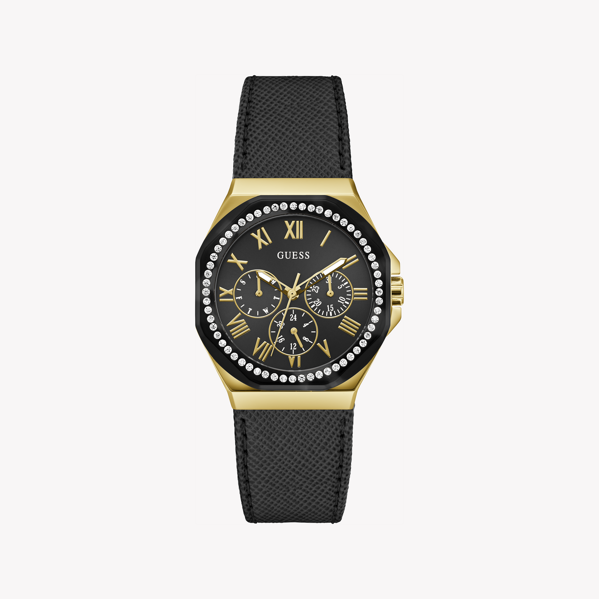 GUESS GW0753L4 GOLD CHARM - SOPHISTICATED WOMEN'S WATCH with Black Leather Band and Striking Dial