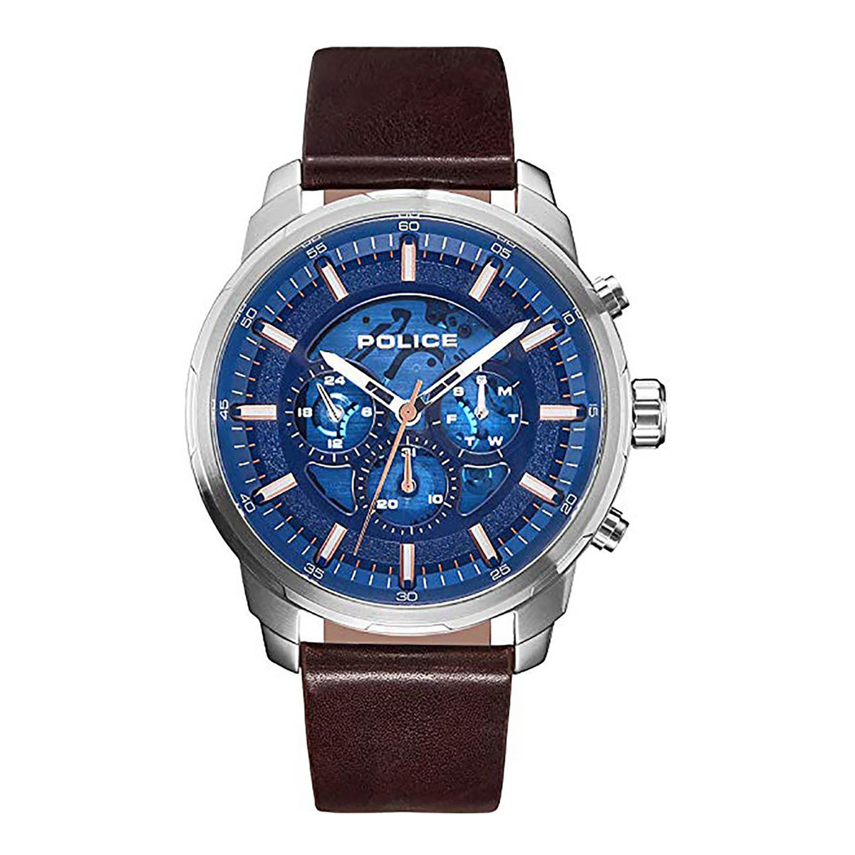 POLICE WATCH MENS STAINLESS STEEL - BOLD BLUE DIAL WITH RICH BROWN LEATHER BAND