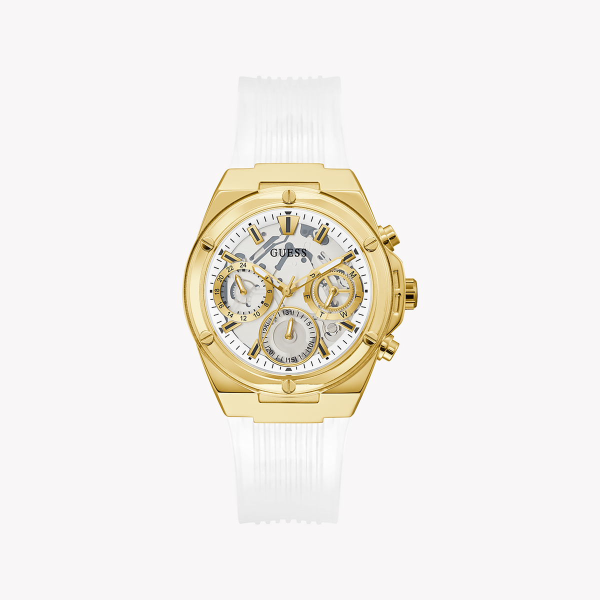 GUESS GW0409L2 RADIANT CHARM - MODERN SOPHISTICATION WOMEN'S WATCH with Gold-Tone Case & White Rubber Band