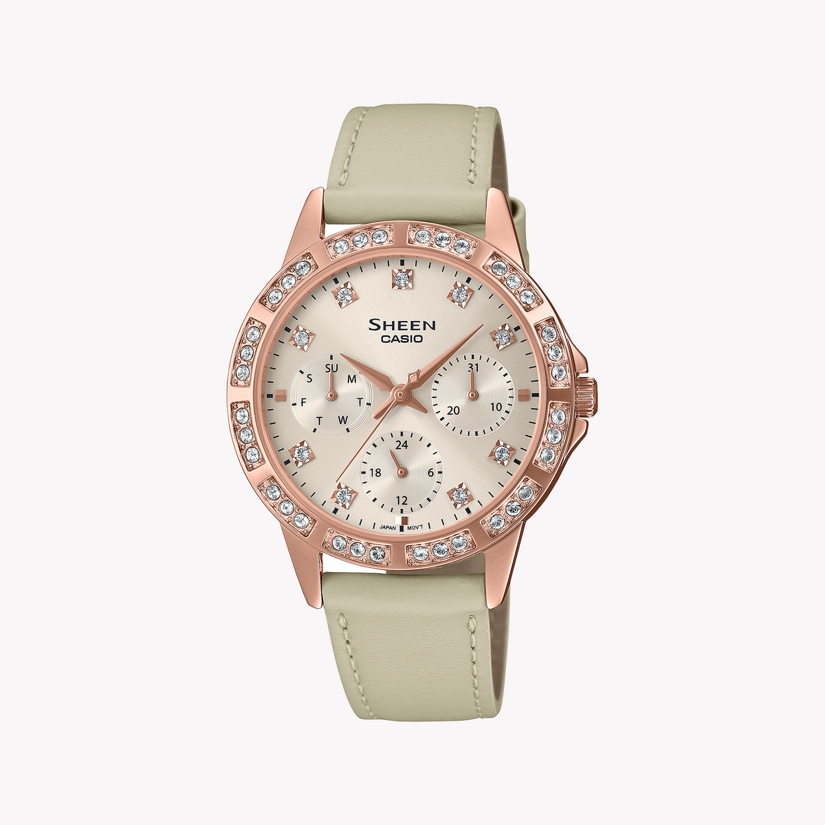 CASIO SHE-3517PGL-9AUEF - ELEGANT TIMEPIECE - CHIC ROSE GOLD WOMEN'S WATCH with Beige Leather Strap and Sparkling Dial