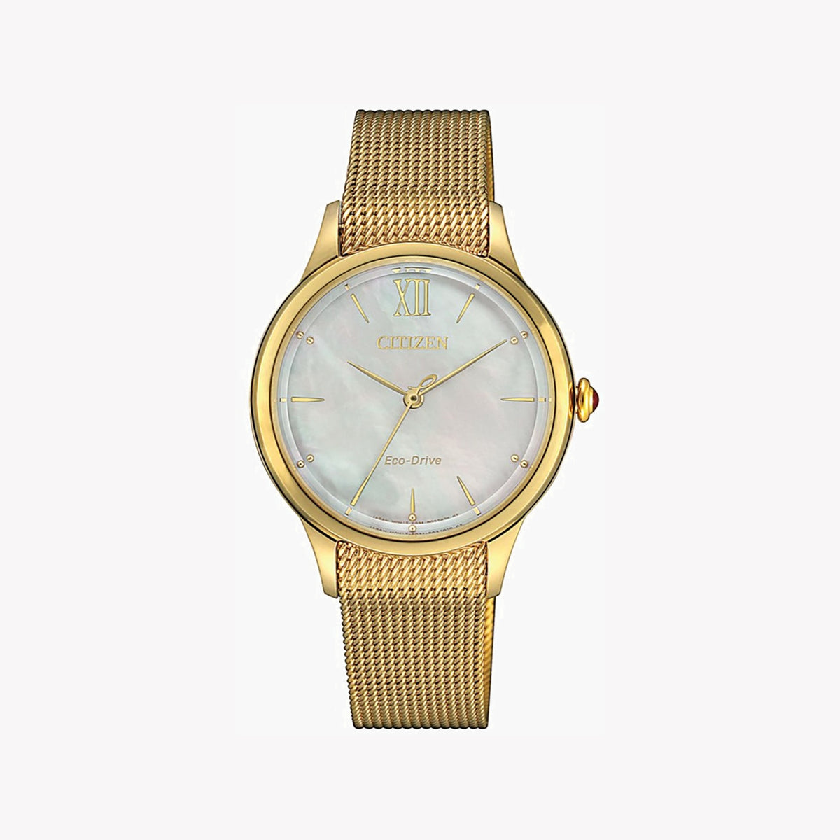 CITIZEN EM0812-89D - RADIANT ELEGANCE: Women's Gold Eco-Drive Watch with Pearl Dial & Mesh Band