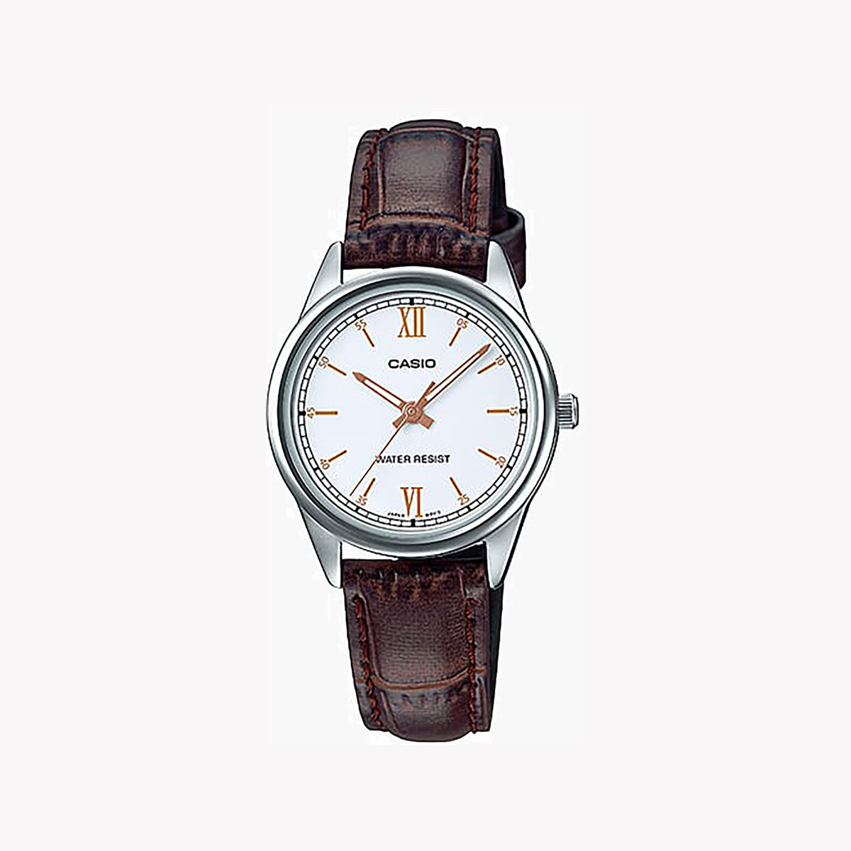 CASIO Women's Watch with Silver Metal Case and Brown Leather Band