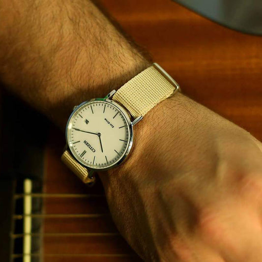 CITIZEN AU1080-20A DYNAMIC STYLE - ECO-DRIVE MEN'S WATCH with Silver Case & Beige Nylon Band-i-Watch-2