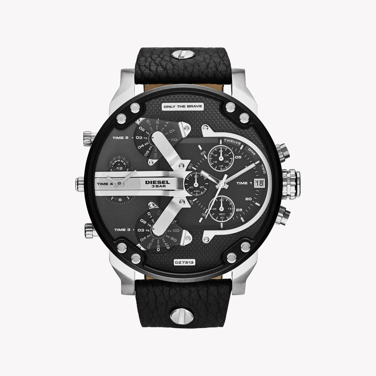 DIESEL DZ7313 BOLD COMMANDER - STAINLESS STEEL POWERHOUSE MEN'S WATCH with black leather band and striking silver finish
