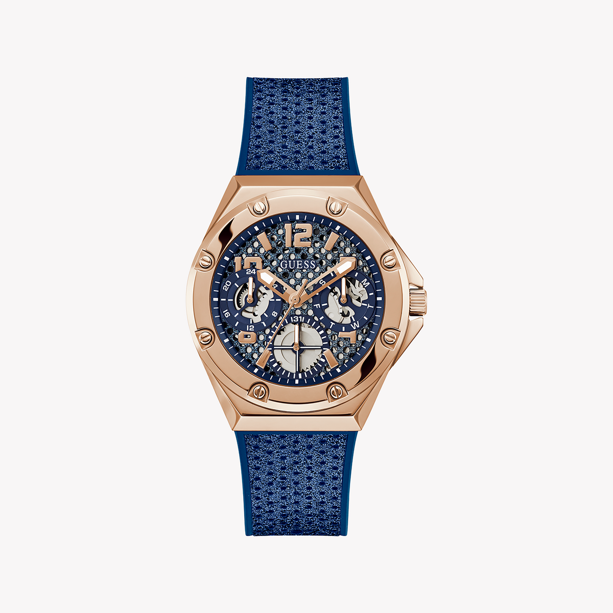 GUESS GW0620L3 ROSE GOLD RADIANCE - STUNNING BLUE LEATHER TIMEPIECE FOR THE MODERN WOMAN