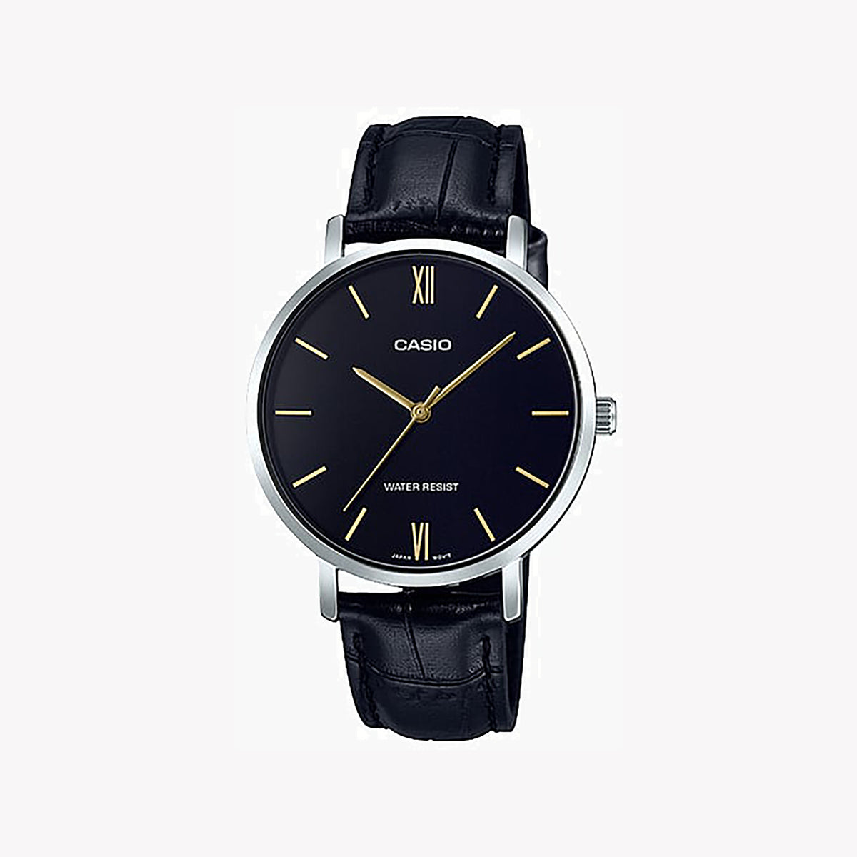 CASIO Women's Watch with Silver Stainless Steel Case and Black Leather Band