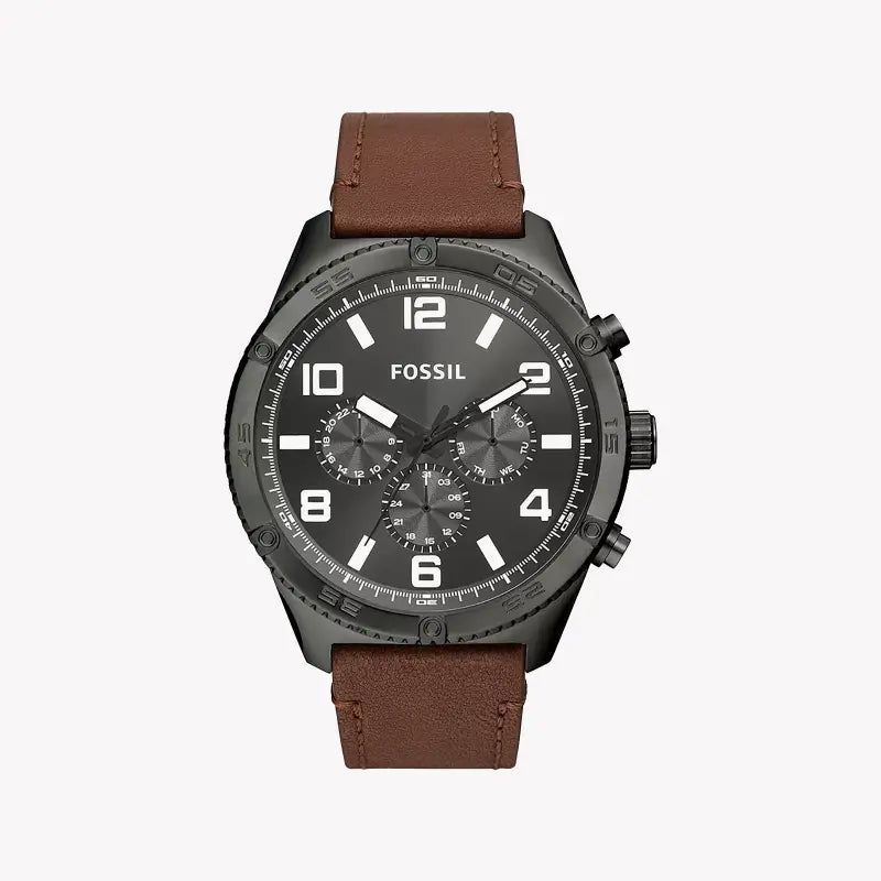 Fossil Men's Black Stainless Steel, Brown Leather | Bq2800