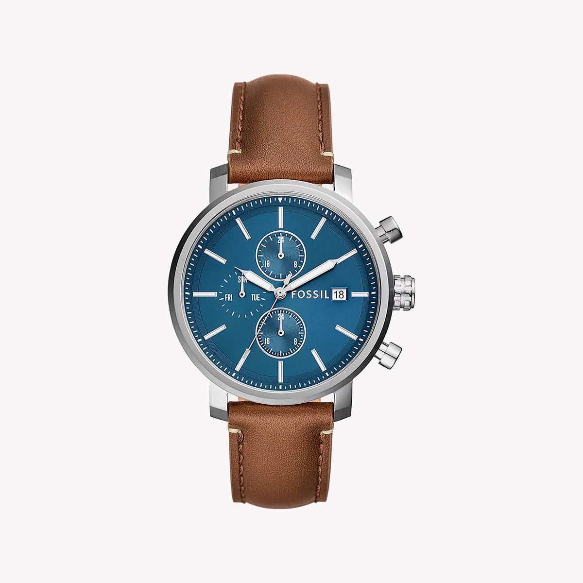 Fossil Men's Silver/Brown, Blue/Leather | Bq2847