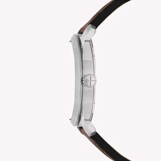 Fossil Men's Silver & Brown Leather Watch, Dark Green Dial | Fs6085