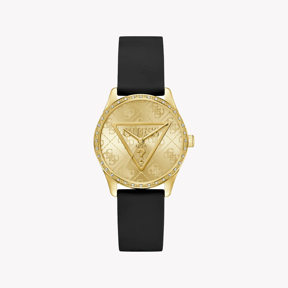 GUESS Women's Gold/Black Leather Watch, Gold Dial | GW0942L2