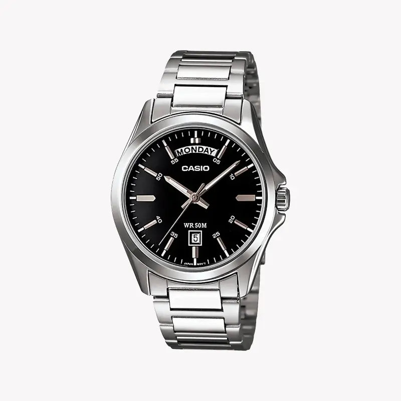 Casio Men's Silver Stainless Steel Watch, Black Dial | Mtp-1370d-1a1vdf