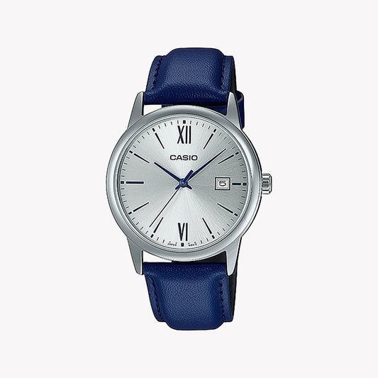 كاسيو MTP-V002L-2B3UDF - ساعة فضية أنيقة بسوار من الجلد الأزرق ونافذة للتاريخ