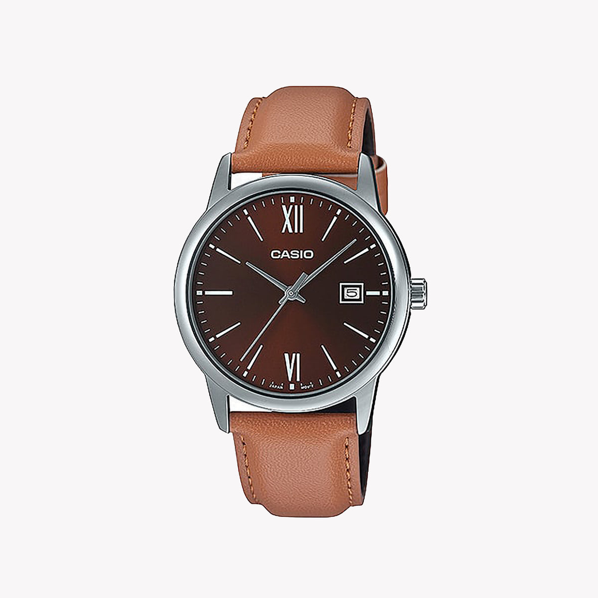 Casio Men's Silver Watch, Brown Leather Band | Mtp-V002l-5b3
