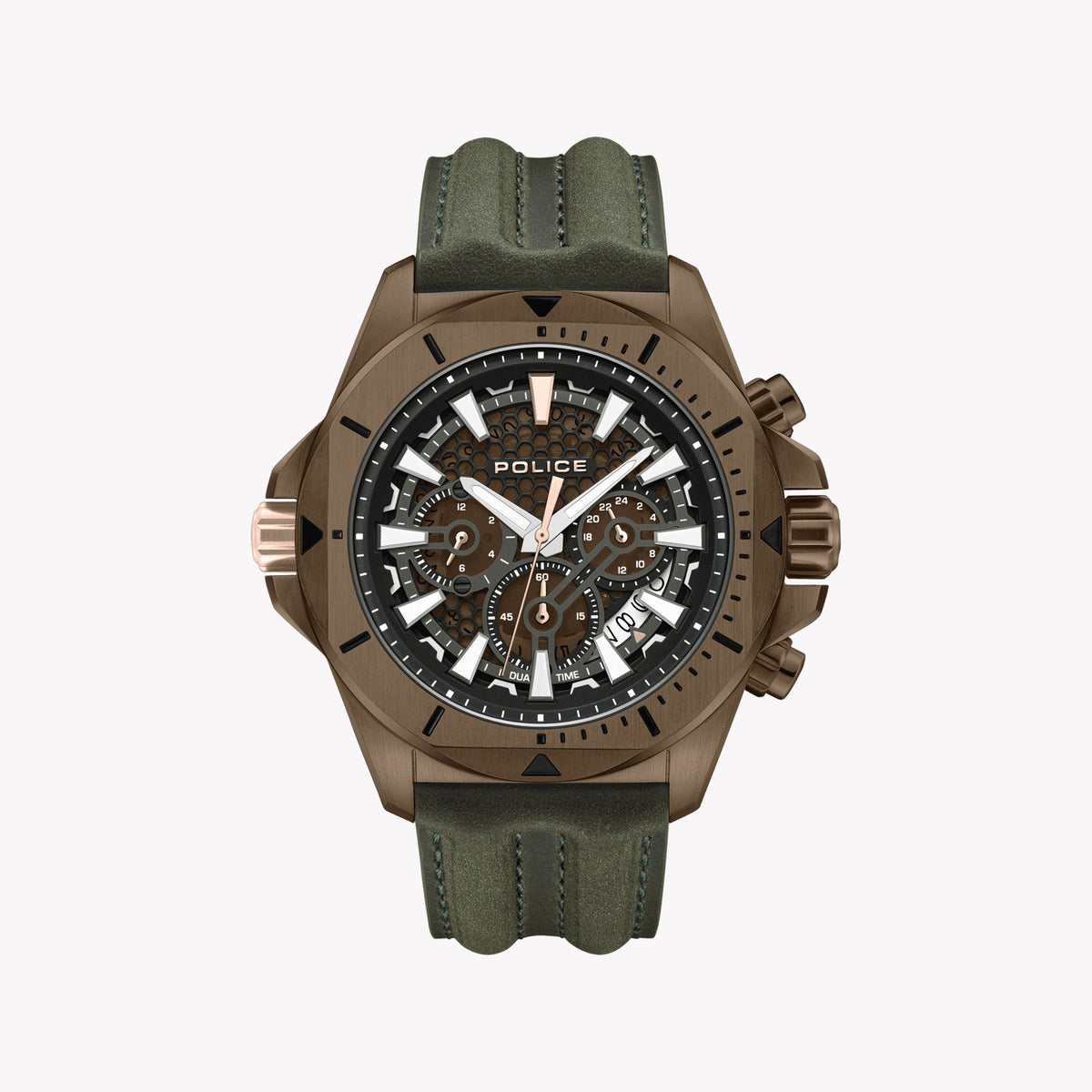 Police Men's Brown Stainless Steel & Green Leather Watch | Pewgf0054502
