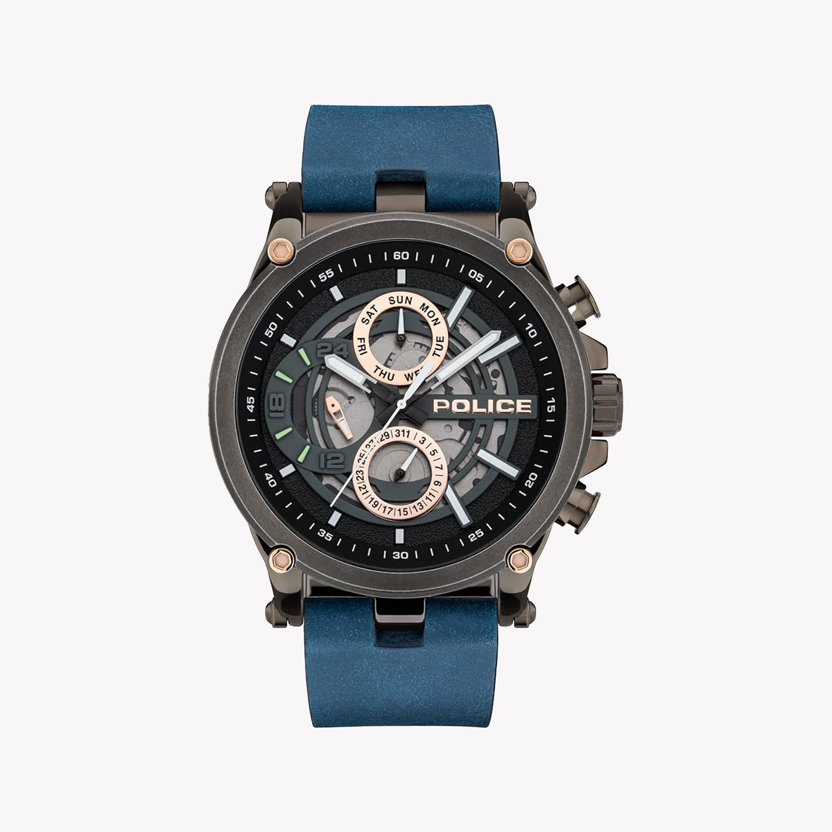 Police Men's Gray Stainless Steel & Blue Leather Watch | Pewjf2108602