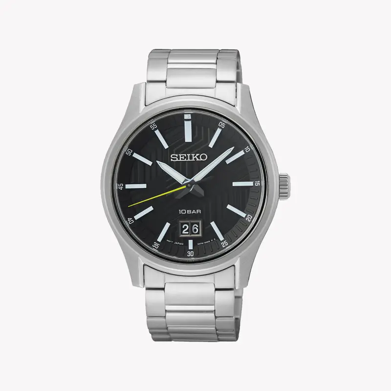 Seiko Men's Silver Watch, Black Dial | Sur535p1