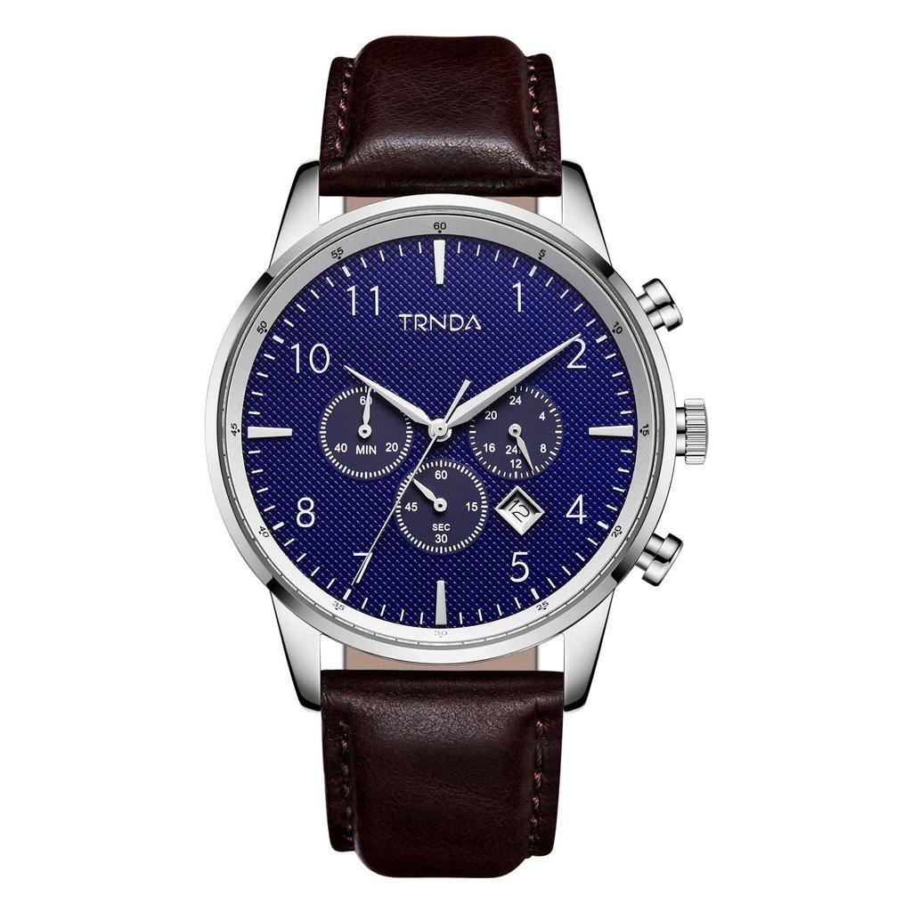 TRNDA STAINLESS STEEL ROUND WATCH - TIMELESS BLUE DIAL & BROWN LEATHER BAND Men's Fashion Statement