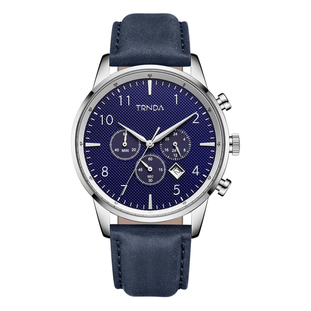 TRNDA STAINLESS STEEL MEN'S WATCH - TIMELESS STYLE WITH BLUE LEATHER BAND & DARK DIAL