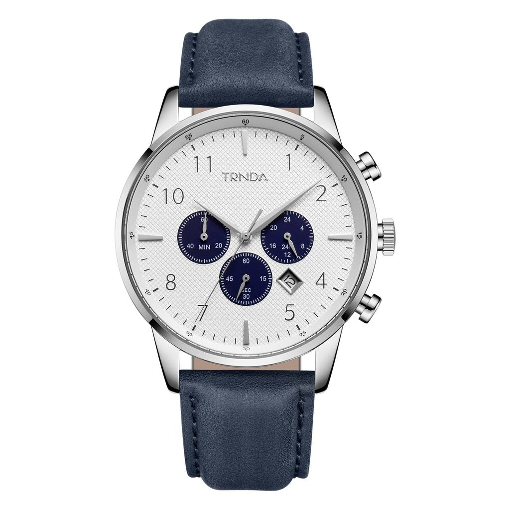 TRNDA STAINLESS STEEL 43MM MEN'S WATCH - TIMELESS STYLE WITH BLUE LEATHER BAND