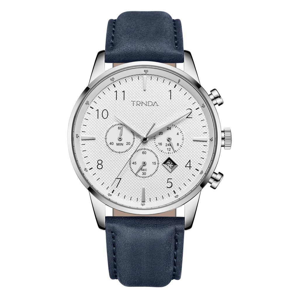TRNDA MEN'S STAINLESS STEEL WATCH - ELEGANT BLUE LEATHER STRAP & UNIQUE SILVER DIAL