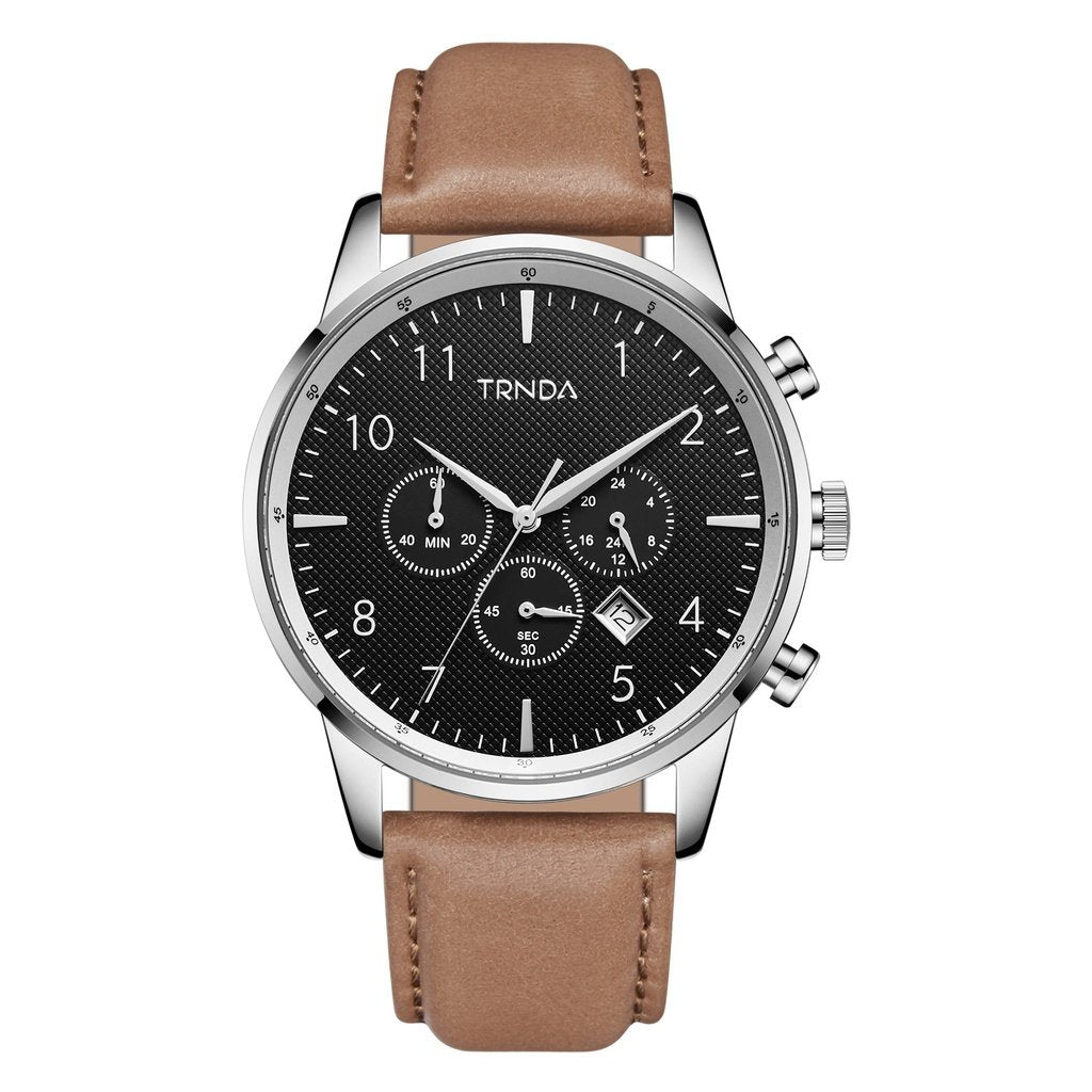 TRNDA MEN'S STAINLESS STEEL CLASSIC CHARCOAL DIAL - TIMELESS TAN LEATHER BAND WATCH