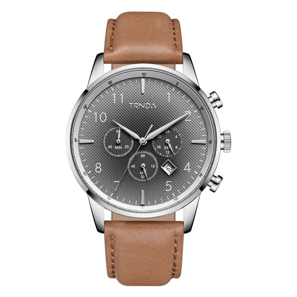 TRNDA STAINLESS STEEL 43MM MEN'S WATCH - TIMELESS GRADIENT STEEL GRAY DIAL WITH TAN LEATHER BAND