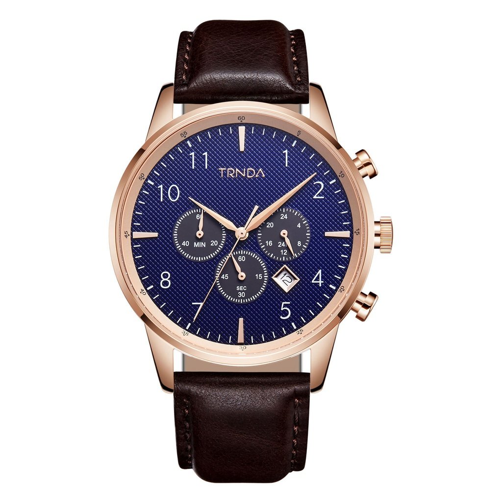 TRNDA MENS ROSE GOLD STAINLESS STEEL WATCH - TIMELESS STYLE WITH DARK BLUE DIAL & BROWN LEATHER BAND