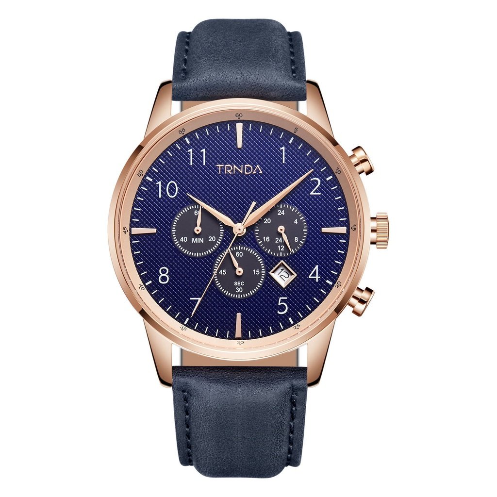 TRNDA ROSE GOLD STAINLESS STEEL MEN'S WATCH - ELEGANT BLUE DIAL & LEATHER BAND