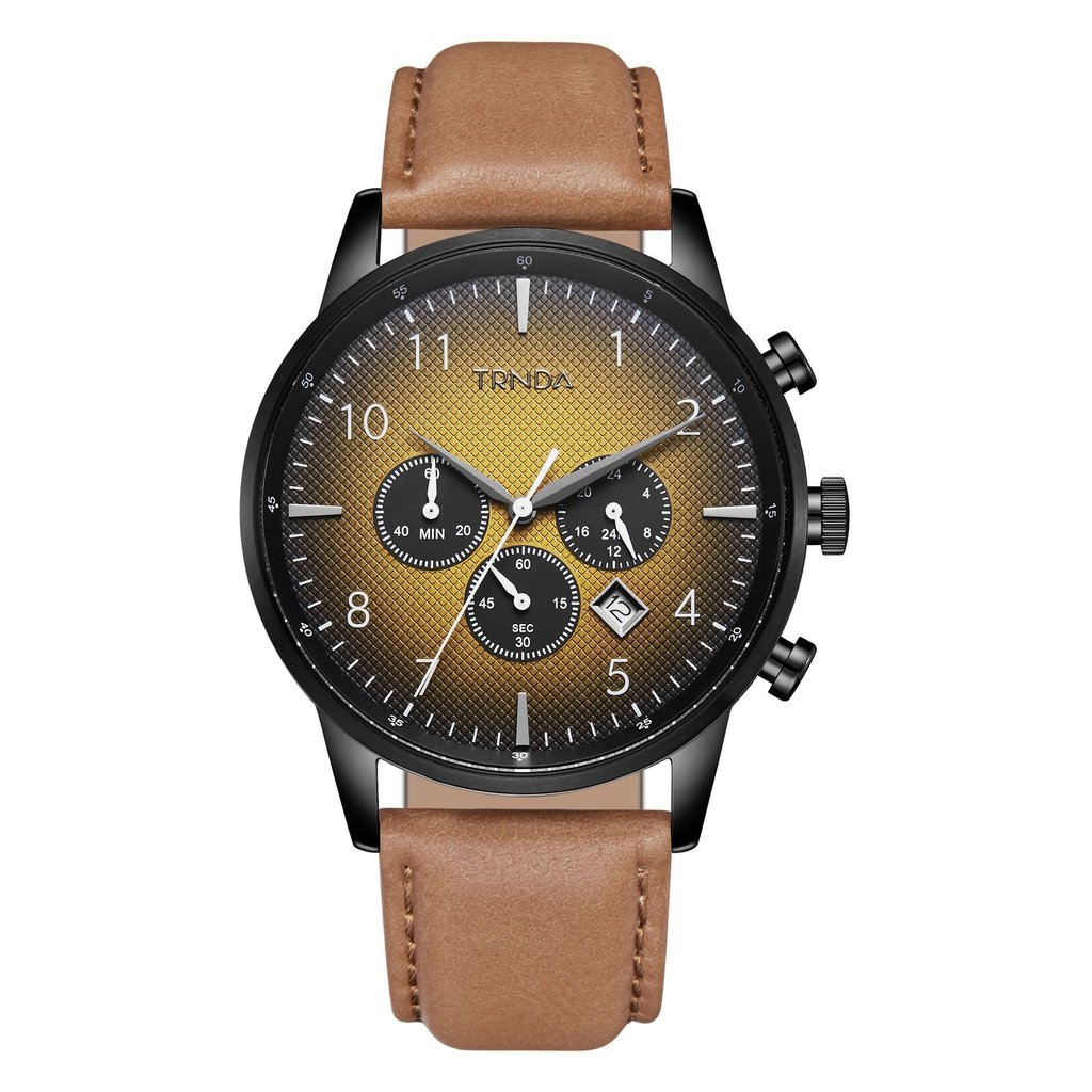 TRNDA STAINLESS STEEL 43MM BLACK DIAL MENS WATCH - TRENDY TAN LEATHER BAND