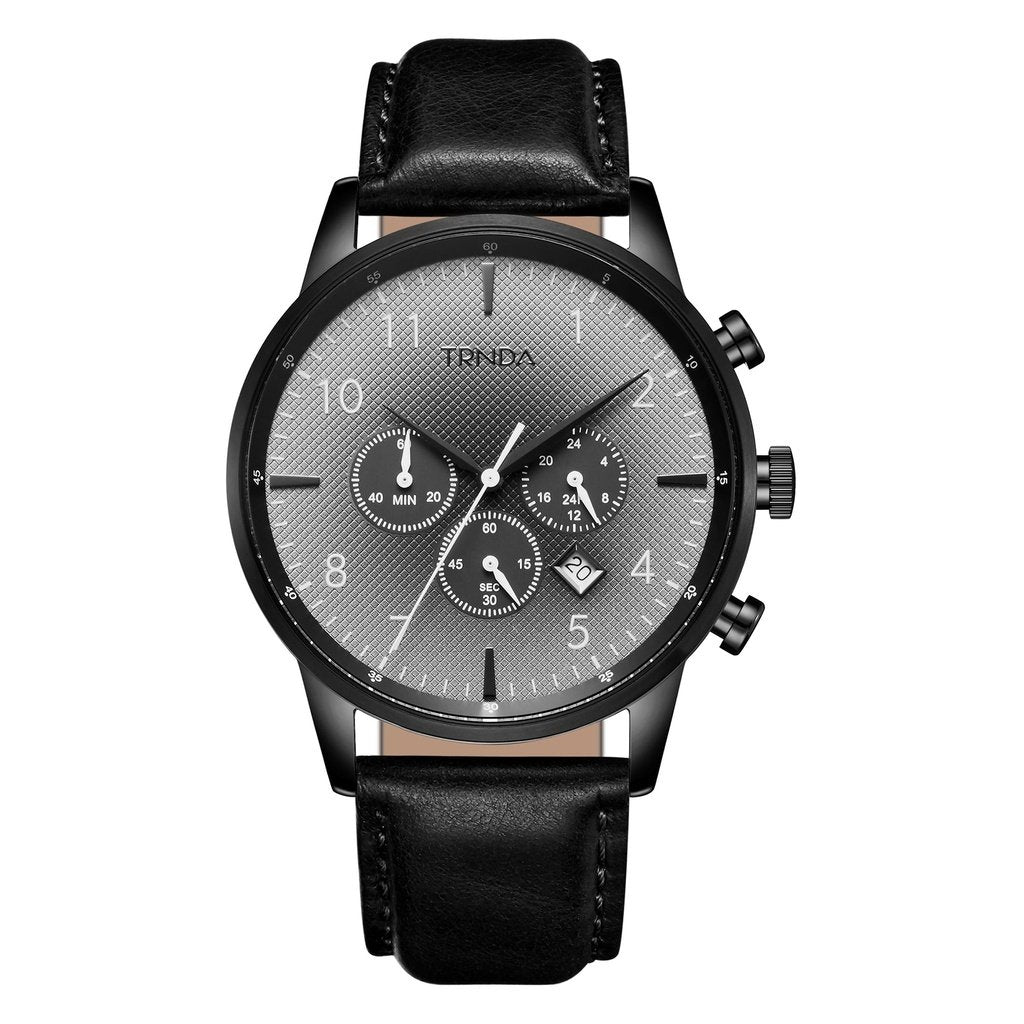TRNDA STAINLESS STEEL MENS WATCH - TIMELESS BLACK LEATHER BAND & GRADIENT STEEL GRAY DIAL