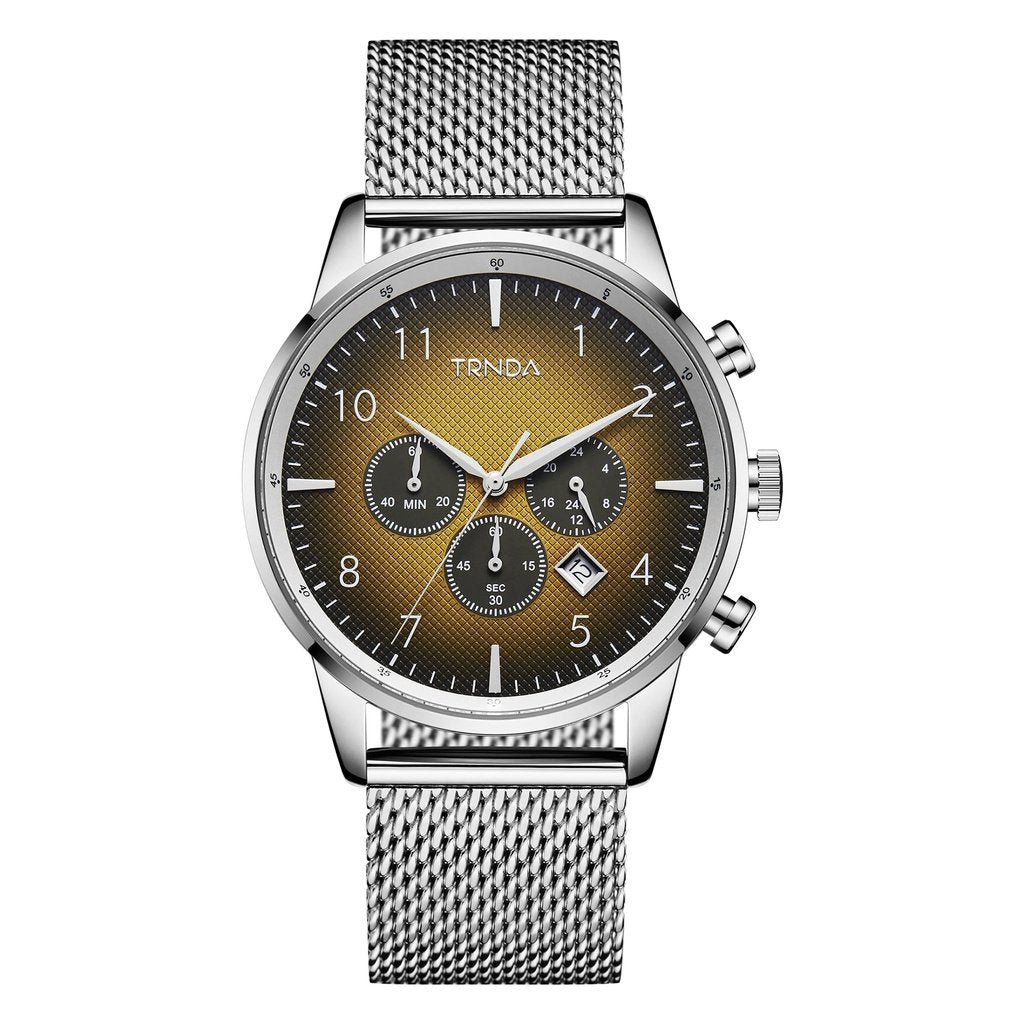 TRNDA TRENDY STAINLESS STEEL MEN'S WATCH - ELEGANT GRADIENT CEDAR BROWN DIAL & SILVER MESH BAND