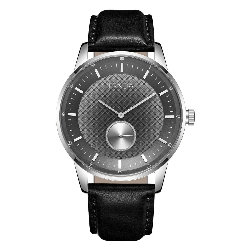 TRNDA STAINLESS STEEL 43MM MEN'S WATCH - TIMELESS STYLE WITH GRADIENT GRAY DIAL & BLACK LEATHER BAND