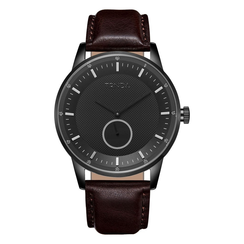 TRNDA MEN'S TRENDY STAINLESS STEEL WATCH - ELEGANT BLACK DIAL & BROWN LEATHER BAND