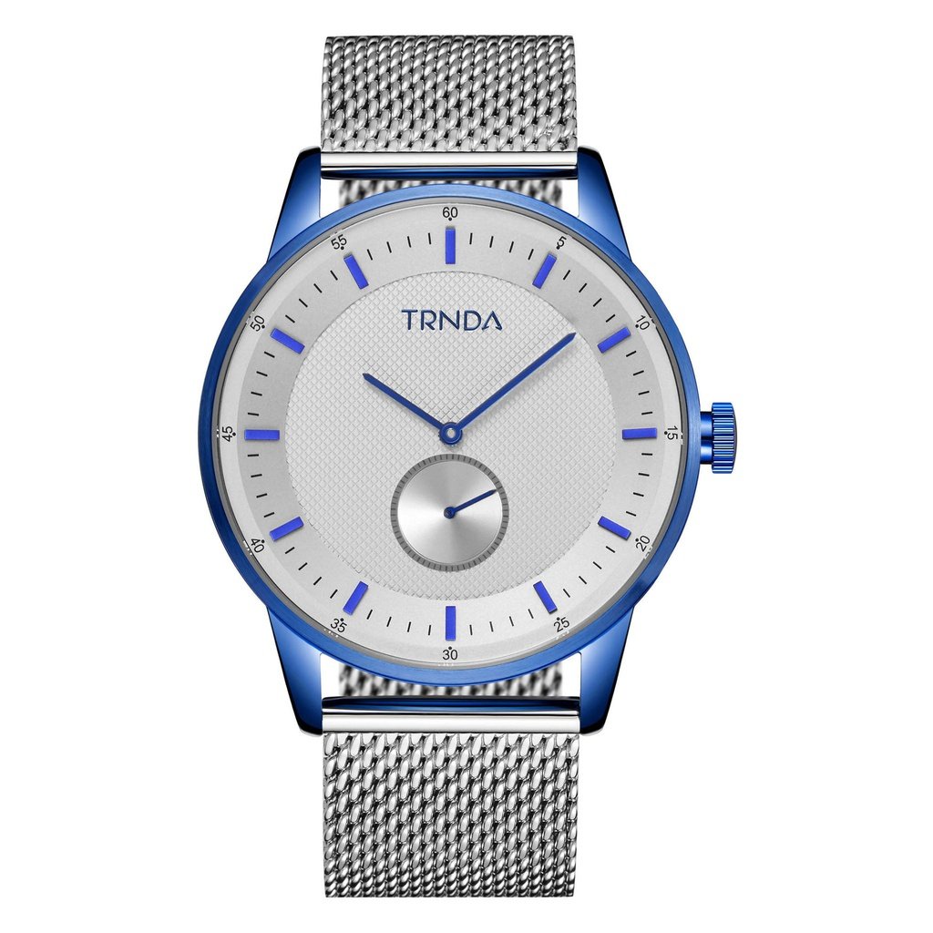 TRNDA STAINLESS STEEL MEN'S WATCH - BLUE PLATED ROUND CASE & SILVER MESH BAND