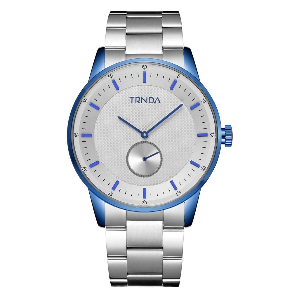 TRNDA STYLISH STAINLESS STEEL MENS WATCH - ROUND BLUE CASE WITH SILVER DIAL & BAND
