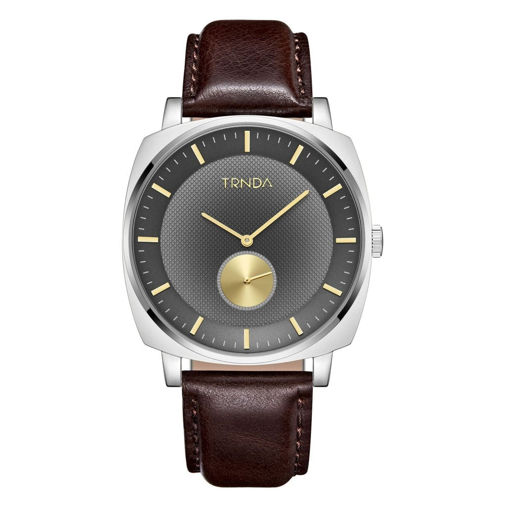 TRNDA TRENDY SQUARE STAINLESS STEEL MEN'S WATCH - GRADIENT GREY DIAL & BROWN LEATHER BAND
