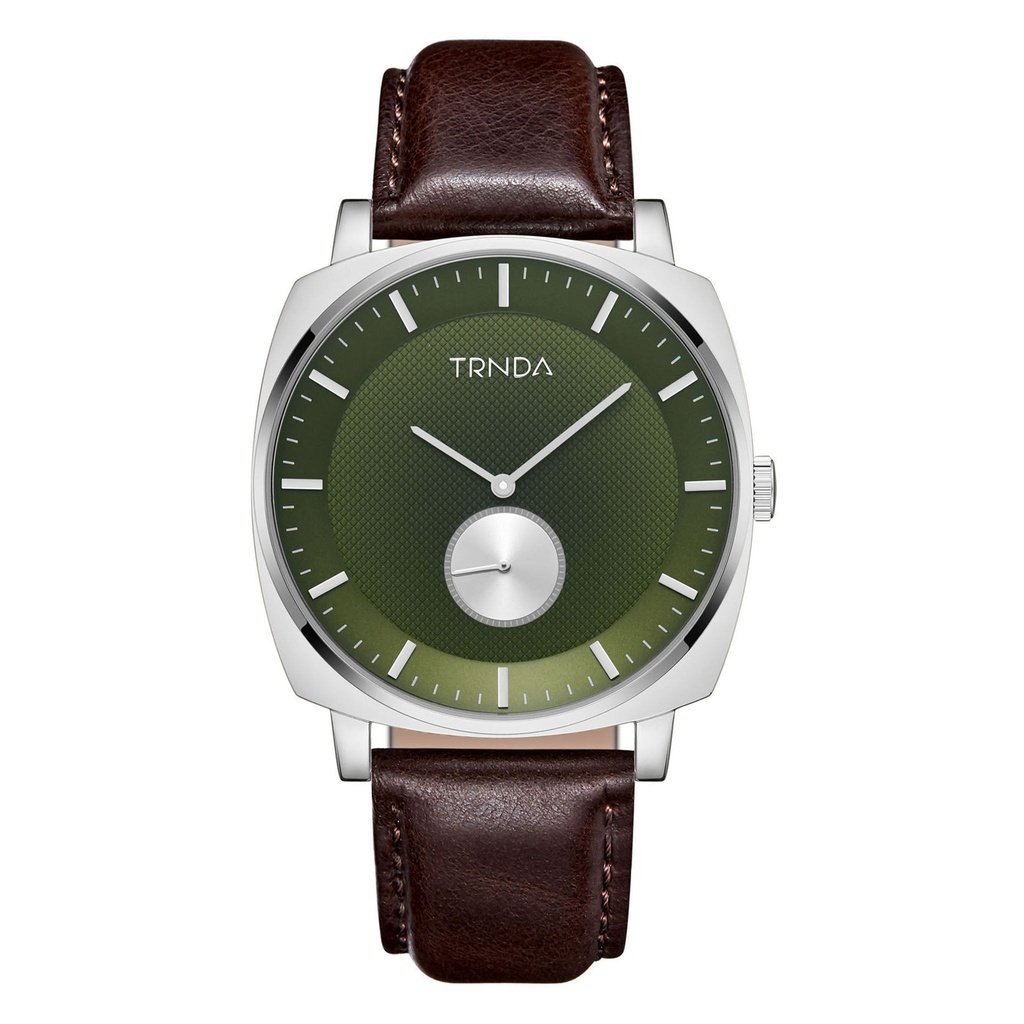 TRNDA SQUARE STAINLESS STEEL MEN'S WATCH - SEAWEED GREEN DIAL & BROWN LEATHER BAND