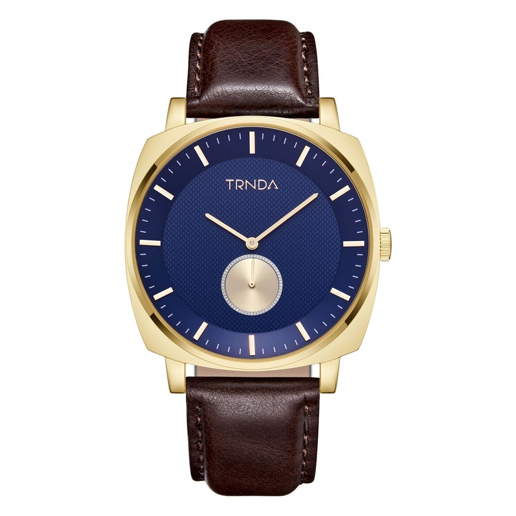 TRNDA STAINLESS STEEL SQUARE GOLD MEN'S WATCH - TIMELESS BLUE DIAL WITH BROWN LEATHER BAND
