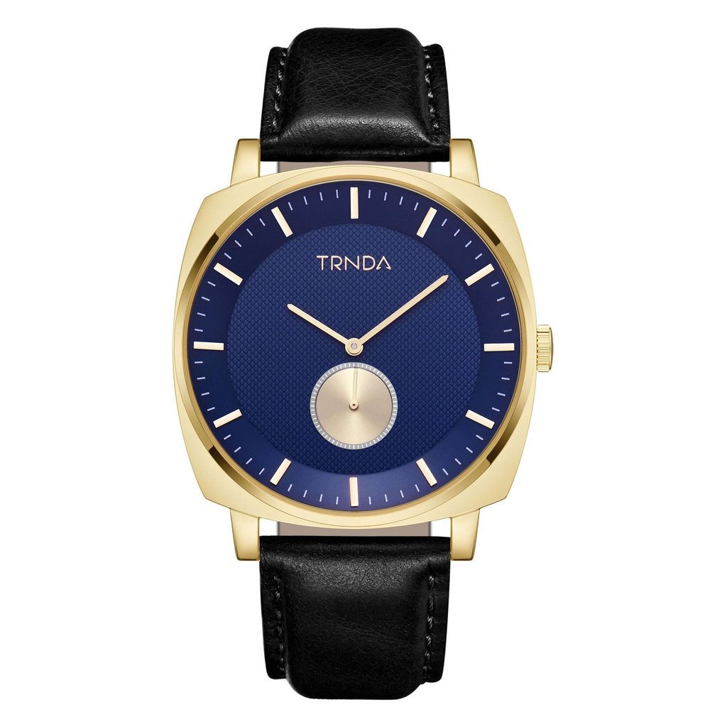 TRNDA SQUARE GOLD STAINLESS STEEL MEN'S WATCH - UNIQUE BLUE DIAL & BLACK LEATHER BAND