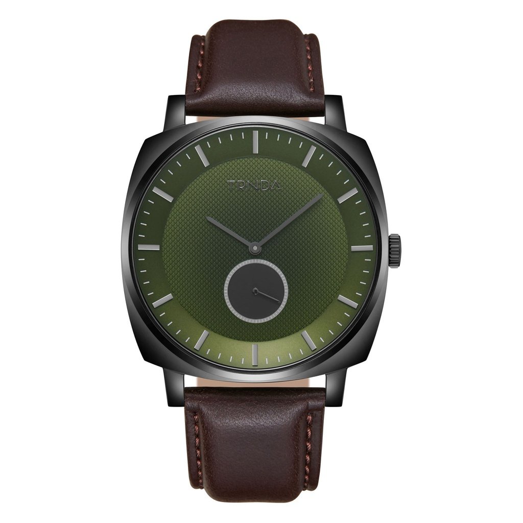 TRNDA SQUARE BLACK STAINLESS STEEL MEN'S WATCH - SEAWEED GREEN DIAL & BROWN LEATHER BAND
