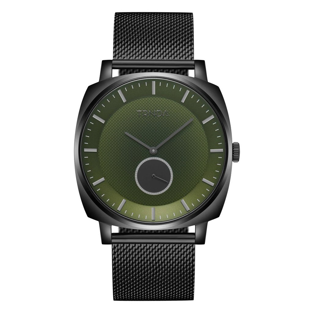 TRNDA SQUARE BLACK MESH STAINLESS STEEL MEN'S WATCH - SEAWEED GREEN DIAL FASHION STATEMENT