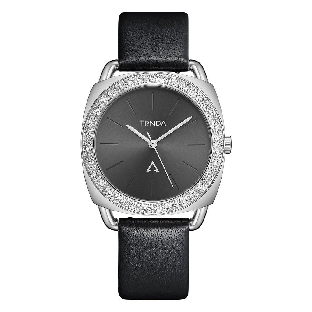 TRNDA Women's Watch with Silver Stainless Steel Case and Black Leather Band