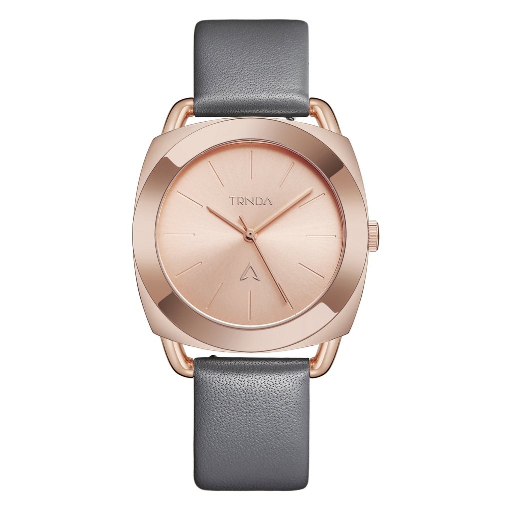 TRNDA Women's Watch with Rose Gold Stainless Steel Case and Gray Leather Band
