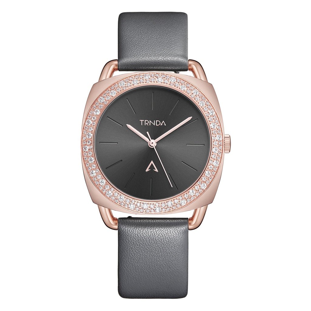 TRNDA Women's Watch with Rose Gold Stainless Steel Case and Gray Leather Band