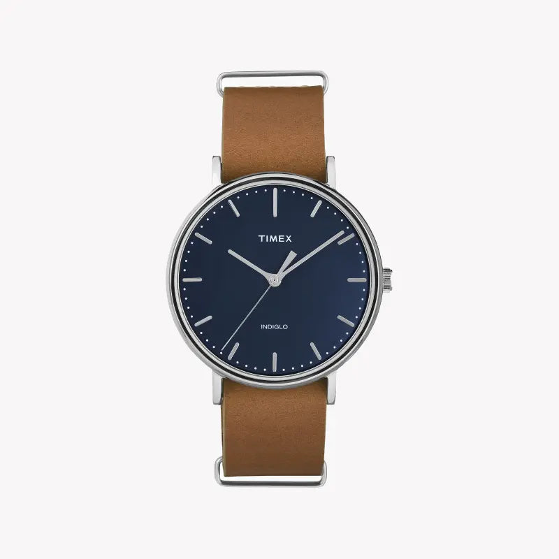 TIMEX TW2P97800 FAIRFIELD – ELEGANTE HERRENUHR MIT BLAUEM ZIFFERBLATT UND BRAUNEM LEDERARMBAND