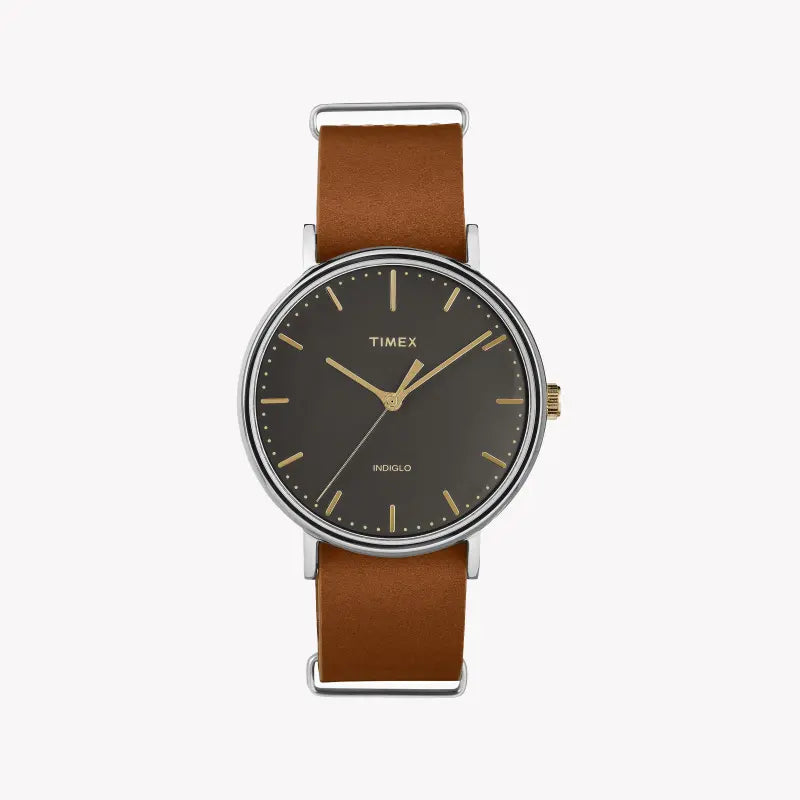 Timex Men's Brass Watch, Black Dial, Brown Leather Strap | Tw2p97900