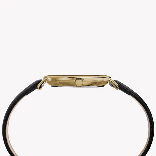 ساعة تايمكس النسائية مع هيكل نحاسي ذهبي وسوار جلدي أسود