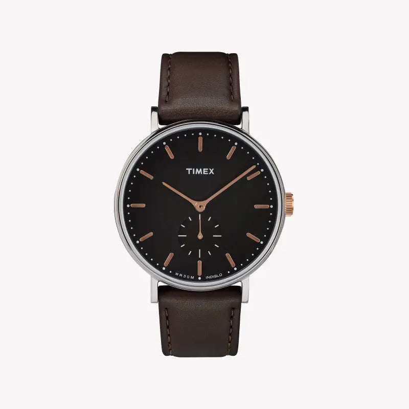 TIMEX FAIRFIELD ESSENTIAL – ZEITLOSE HERRENUHR MIT BRAUNEM LEDERARMBAND UND SCHWARZEM ZIFFERBLATT